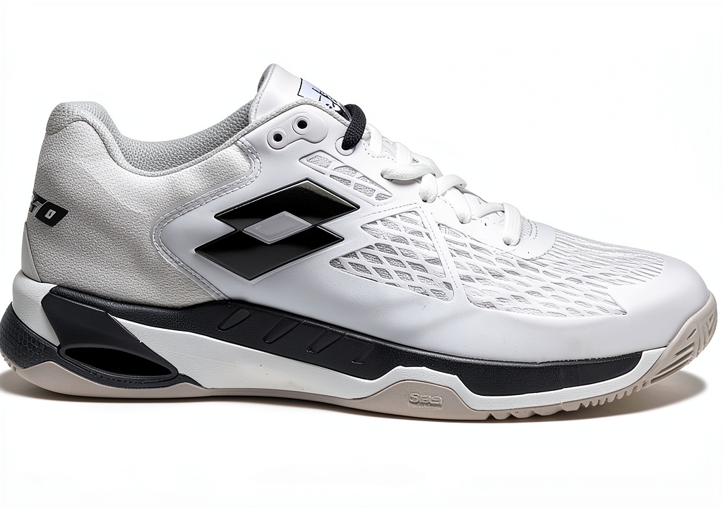 Lotto Mirage 100 SPD Tennisschuhe von der Seite auf einem Tennisplatz